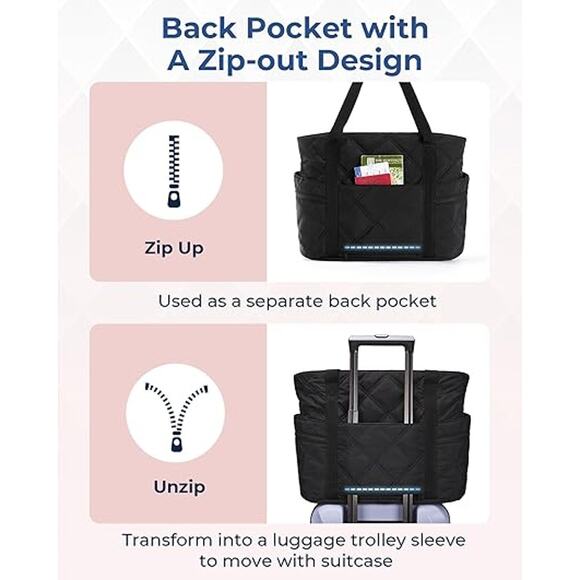 Black Quilted Nylon Laptop Tote – Lightweight Everyday Shoulder Bag Zip Pockets - Picture 4 of 5